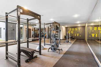 A gym with a sign that says "ROGUE" and a mirror on the wall.